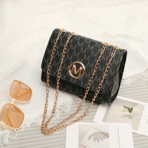 Womens Retro Monogram Chain Crossbody Bag Chic Black Square Design with Logo