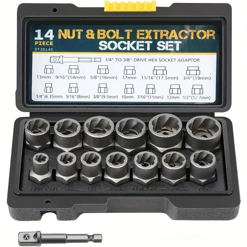 14-Piece Bolt Extractor Set with Impact Socket Case for Stripped & Rusted Nuts