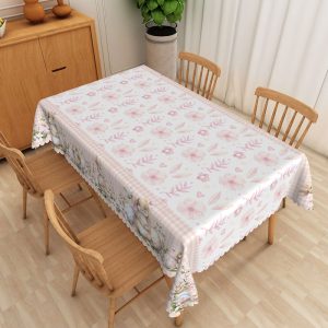 Aperturee Pink Floral Bunny Rectangle Tablecloth, Spring Flower Rabbit Pattern Table Cover, Floral Studio Backdrop