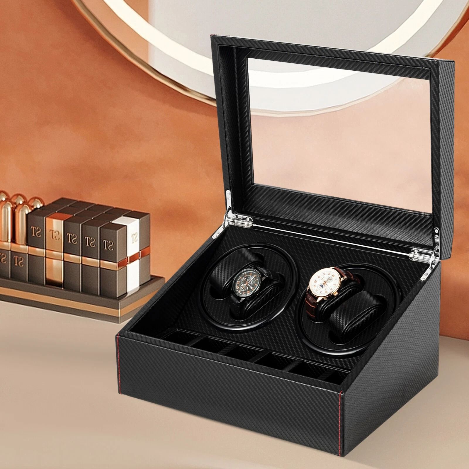 Automatic Watch Winder Box with Carbon Fiber Display Storage Case
