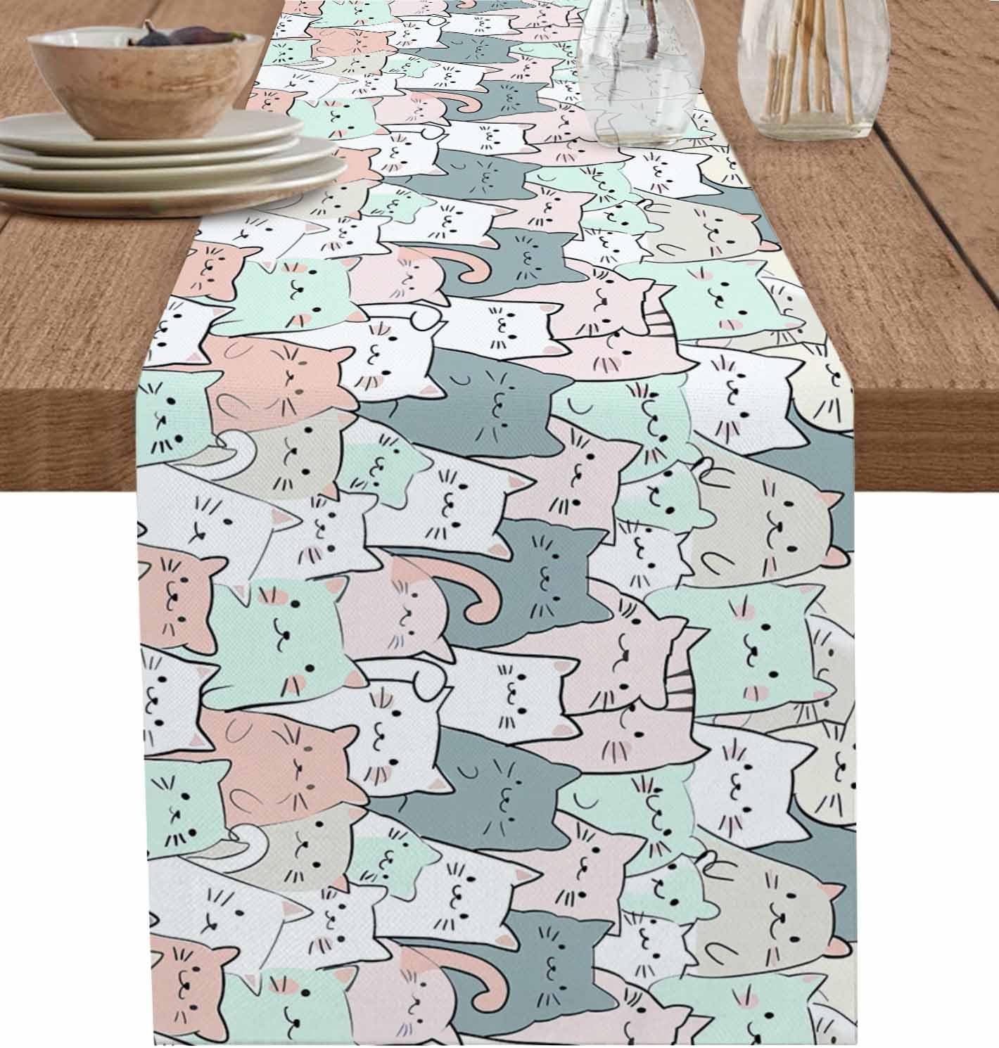 Cartoon Cat Linen Table Runner for Farmhouse Table Decor