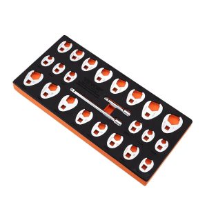 Drive Crowfoot Wrench Set SAE Metric CR-MO Steel with Extensions & Organizer