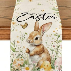Easter Bunny Egg Table Runner Linen Style Spring Dining Decor