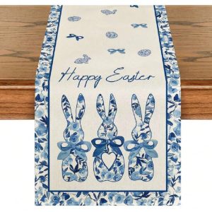 Easter Table Runner Blue Floral Bunny Linen Spring Table Decor