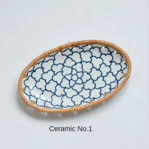 Japanese Rattan Woven Ceramic Snack Plate for Fruit, Candy & Dessert Serving