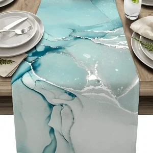Marble Turquoise Linen Table Runner for Dining Table Decor