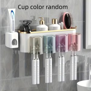 Multifunctional Toothbrush Rack and Mug Holder, Wall Mounted Toothpaste Storage with Toothpaste Squeezer