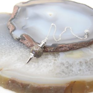 Natural Rose Quartz Labradorite Pendulum for Dowsing Divination, Crystal Cone Pendant with Round Beads Stone Chain