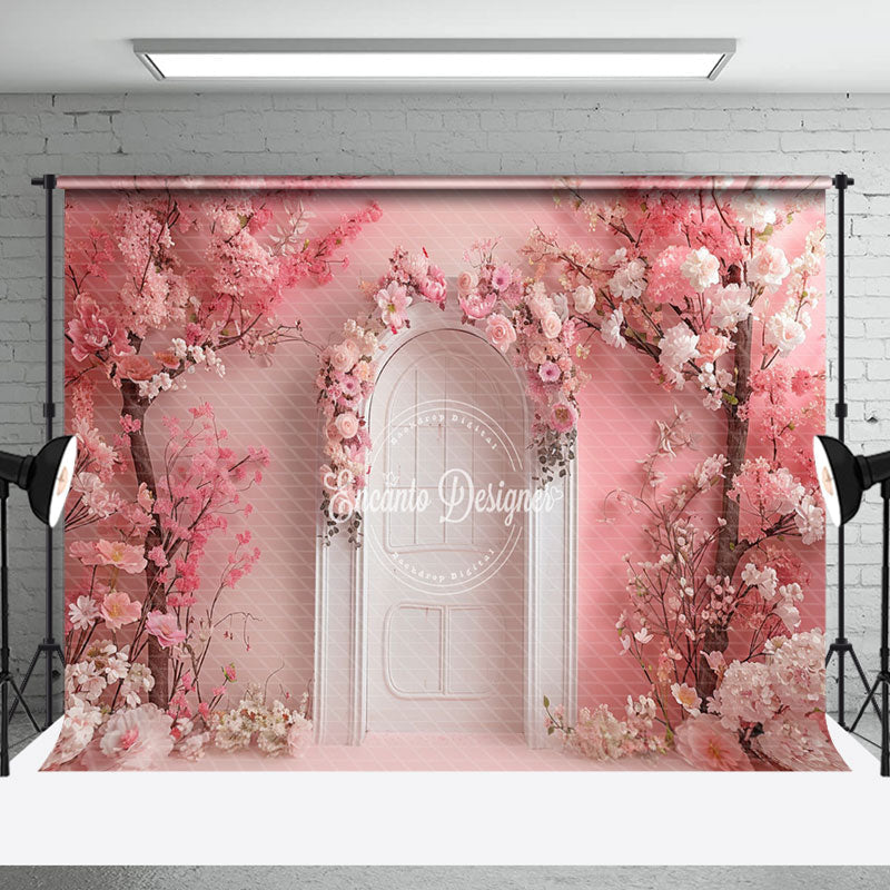 Pink Floral Trees White Arch Door Wedding Backdrop