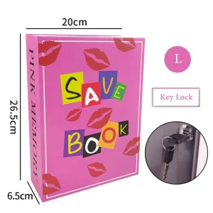 Pink Hidden Book Safe Box with Code/Key Lock Steel Simulation Money Cash Organizer Box
