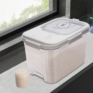 Premium Rice Dispenser & Dry Food Storage Container with Measuring Cup Compact Tabletop Storage Box
