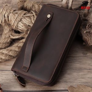 RFID Leather Men Long Wallet, Multi-Card Zipper