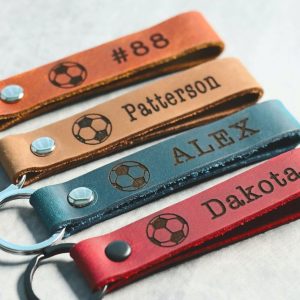 SLIM Soccer Personalized Keychain / Keyring / bag Tag / Name Tag - Leather Keychain