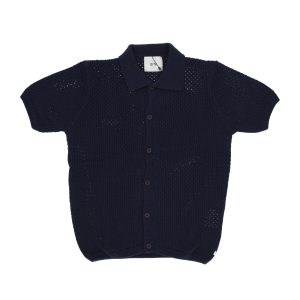 Shirt Sleeve Short Man Crochet Knit Button Shirt Navy