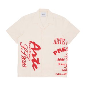 Shirt Sleeve Short Man Red Print Shirt Cream