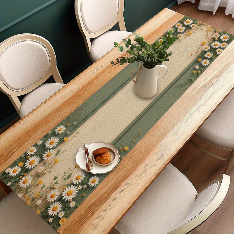 Spring Daisy Stripe Linen Table Runner for Farmhouse Easter Decor