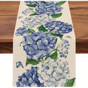 Spring Hydrangea Floral Table Runner for Kitchen Dining Decor