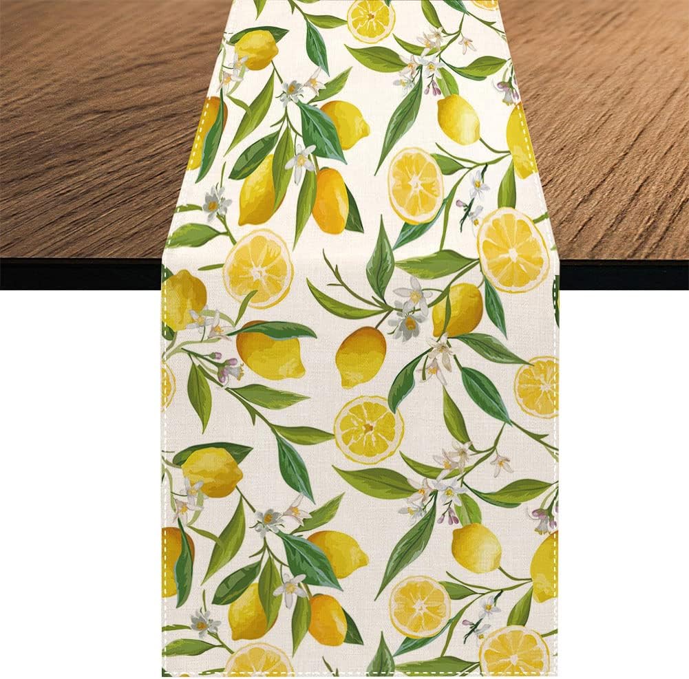 Summer Lemon Floral Linen Table Runner for Kitchen Dining Decor