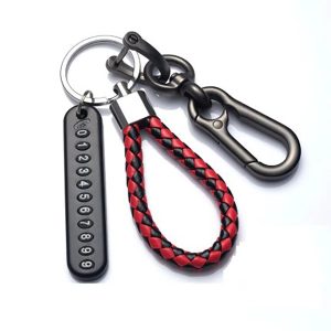 Trendy DIY Mobile Phone Number Plate Leather Rope Car Keychain for Men
