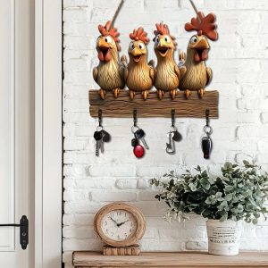 Wooden Chicken Key Holder Wall Mounted Decorative Key Rack