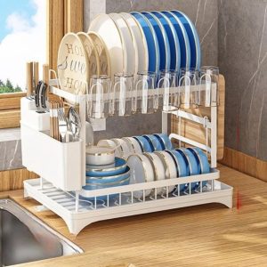 Double-Layer Metal Tableware Rack with Drainboard
