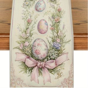 Easter Egg Floral Linen Table Runner for Spring Dining Decor
