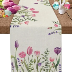Easter Tulip Lavender Linen Table Runner for Spring Floral Wedding Table Decor