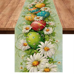 Farmhouse Easter Daisy Linen Table Runner for Spring Dining Table Decor