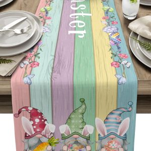 Farmhouse Easter Linen Table Runner with Gnomes, Eggs & Rabbit Ears Spring Holiday Decor