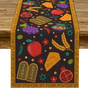 Happy Shavuot Linen Table Runner for Jewish Holiday Table Decor