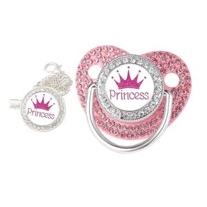Luxury Rhinestones Baby Pacifier, Princess Crown Chain Clips, Silicone Newborn Pacifiers, Infant Shower Gift