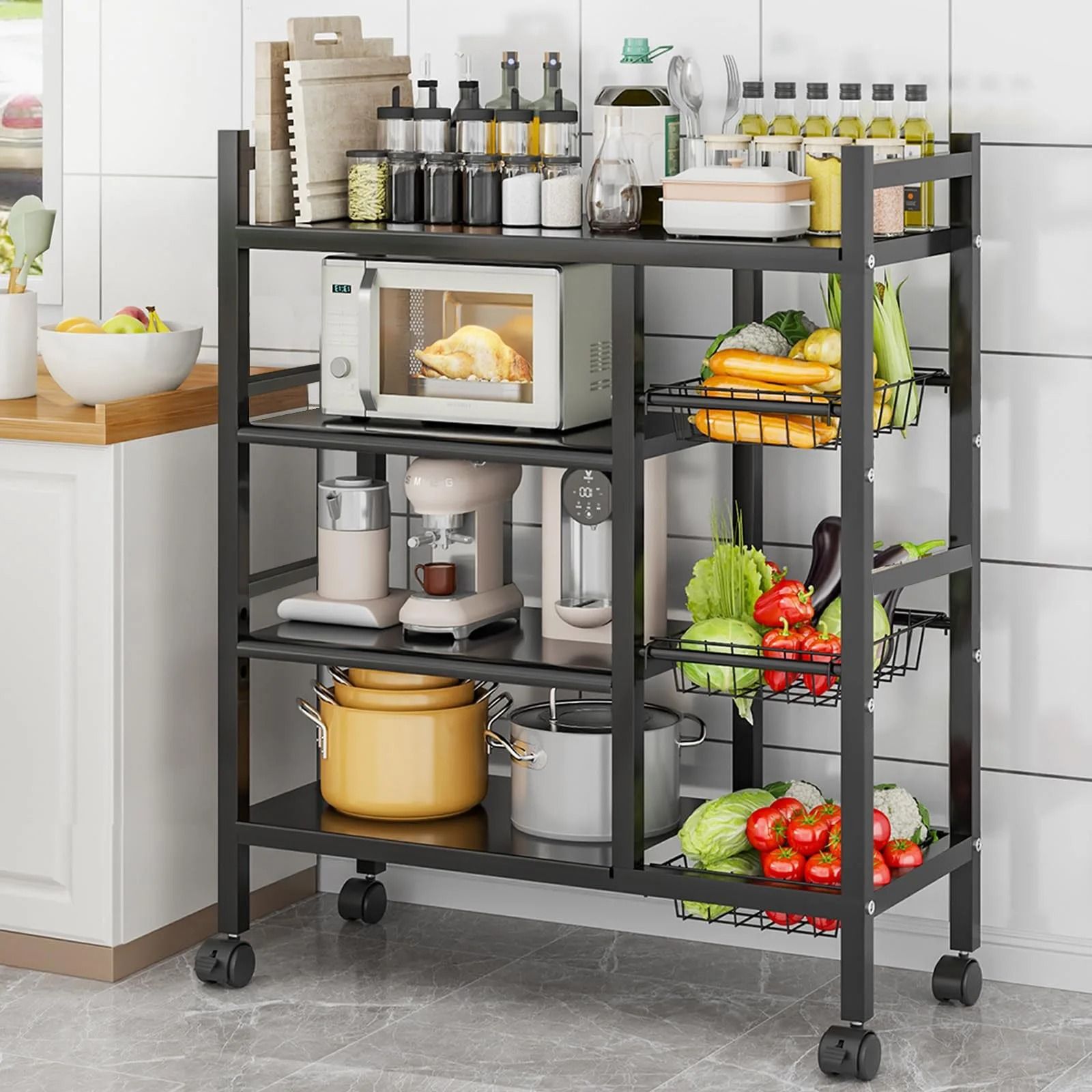 Multi-Layer Removable Metal Cabinet Storage Rack and Rolling Fruit Vegetable Basket