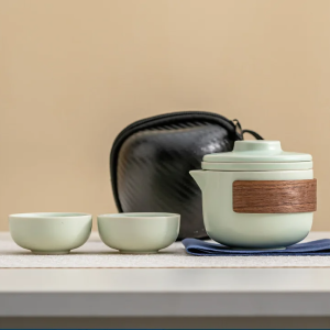 Portable Ceramic Travel Tea Set with One Pot and Two Cups