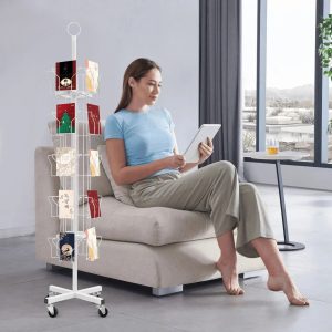 Rotating Greeting Card Display Rack with Wheels, White Retail Card Stand
