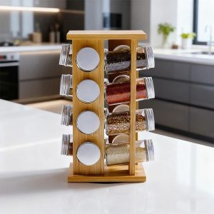 Rotating Wooden Multi Layer Condiment Rack for Seasoning Bottles