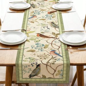 Spring Bird Linen Table Runner for Dining Table Decor