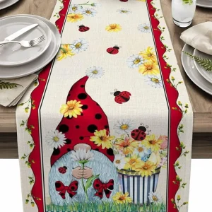 Spring Gnome Ladybug Linen Table Runner for Farmhouse Kitchen Decor