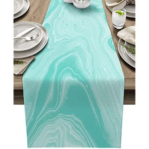 Turquoise Linen Table Runner with Abstract Marble Design Washable Modern Dining & Wedding Decor