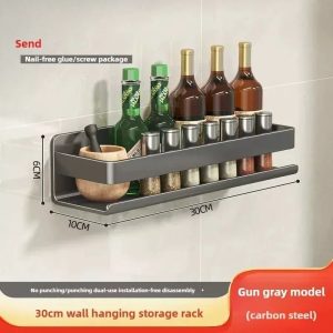 Wall-Mounted Metal Spice Rack - Multifunctional Condiment Storage Organizer with Kitchen Accessory Hooks