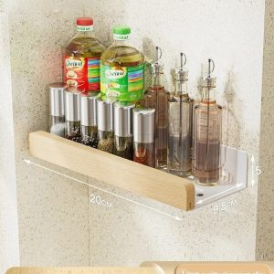 Wall-Mounted Wooden Kitchen Spice Rack - Multi-Functional Condiment Organizer with Accessory Hooks