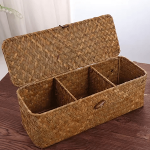 3-Grid Handwoven Storage Basket with Lid - Dust-Proof Rectangular Organizer Box