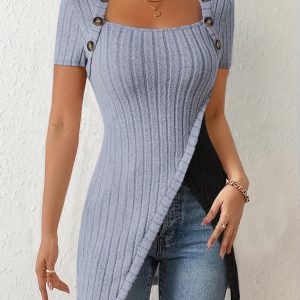 Color Block Button Women's Ribbed Top with Asymmetrical Hem for Casual Summer Style