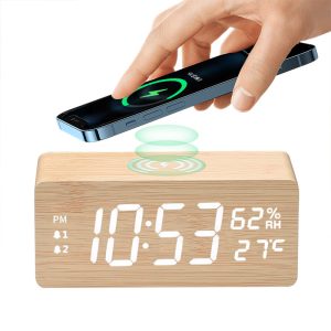 Fast Wireless Charging Alarm Clock Wooden LED Digital Desk Clock with Temperature Humidity Display
