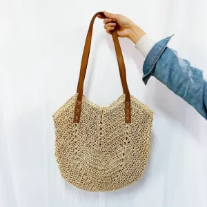 Handwoven Raffia Crochet Beach Bag: Chic Summer Straw Shoulder Bag with Rattan Top Handle