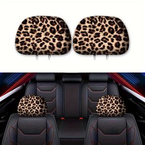 Leopard Print Car Headrest Covers 2 Piece Interior Accessory Set
