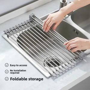 Roll Up Dish Drying Rack Over Sink Silicone Stainless Steel Kitchen Drying Rack