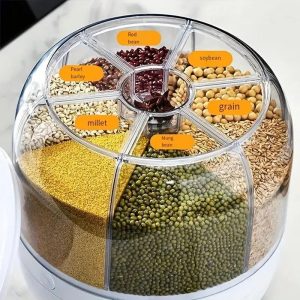 Rotating Rice Dispenser Airtight Grain Storage Container with 6 Compartments