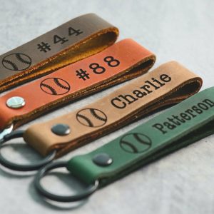 SLIM Baseball Personalized Keychain / Keyring / bag Tag / Name Tag - Leather Keychain