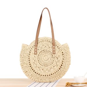 Handmade Round Straw Beach Bag & Bohemian Raffia Circle Rattan Shoulder Bag
