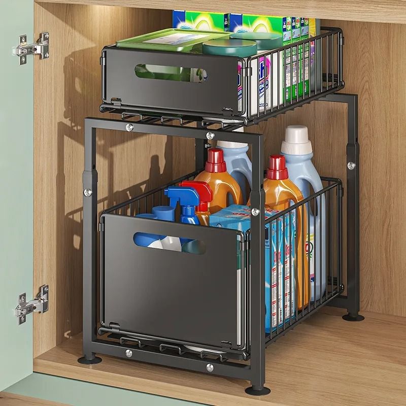 Pull Out Sink Storage Rack Double Layer Cabinet Basket Organizer Shelf